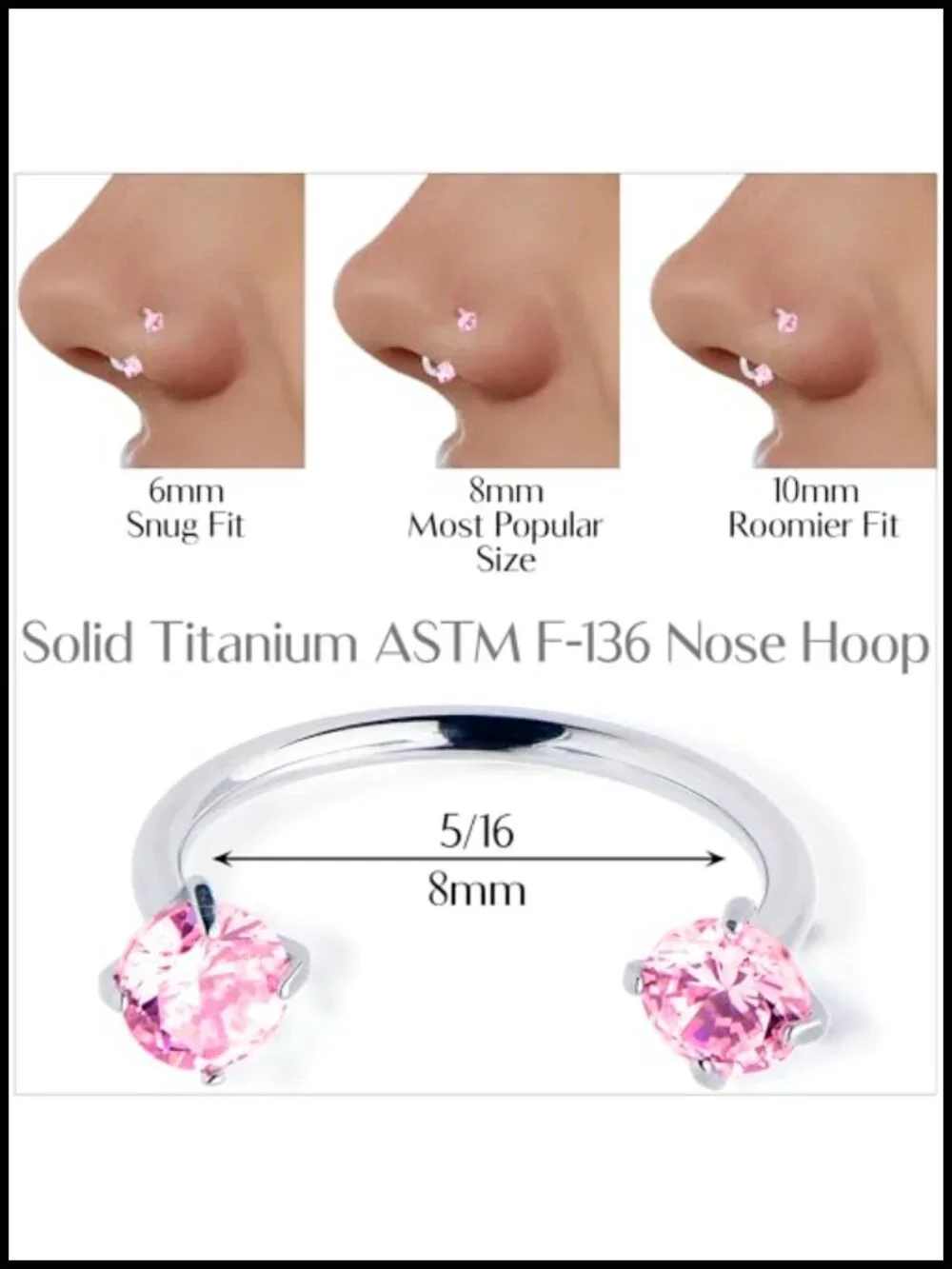 Solid Titanium Horseshoe Nose Ring Internally Threaded CZ 20G